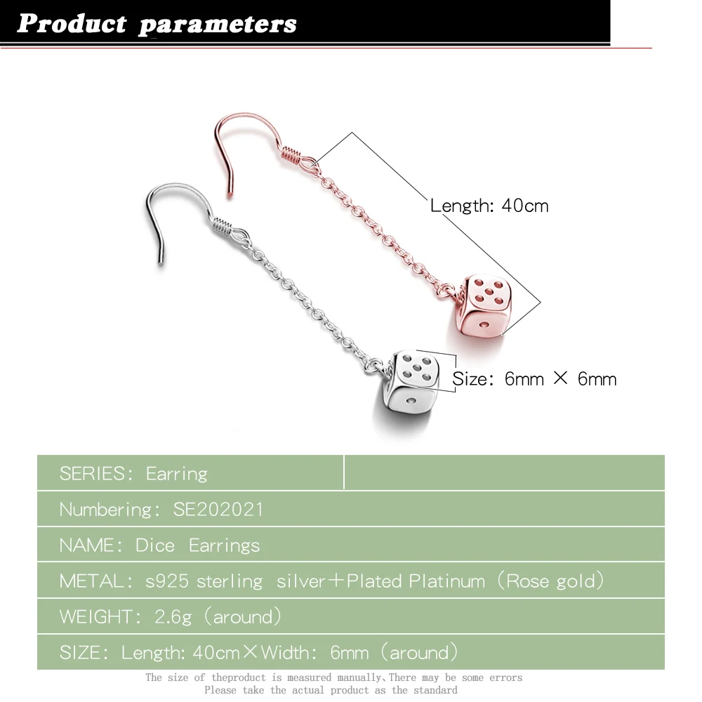 Женские серьги в виде игральных костей длинные из серебра 100% пробы с розовым