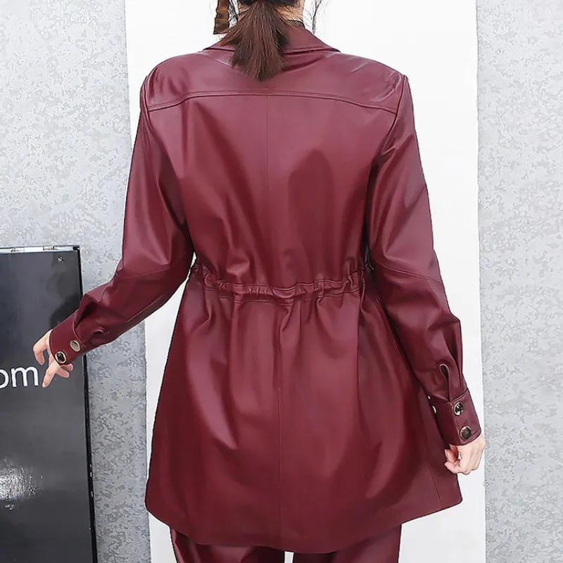 

Sheepskin New Fashion Women Genuine Leather Cargo Jacket Single Breasted Adjustable Waist Slim Fit Mid Long Windbreaker Coats