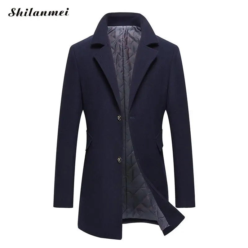 navy blue Осенне-зимнее мужское повседневное пальто коричневый плотный шерстяной Тренч деловой мужской солидное пальто высокого качества Длинные куртки топы - Цвет: navy blue