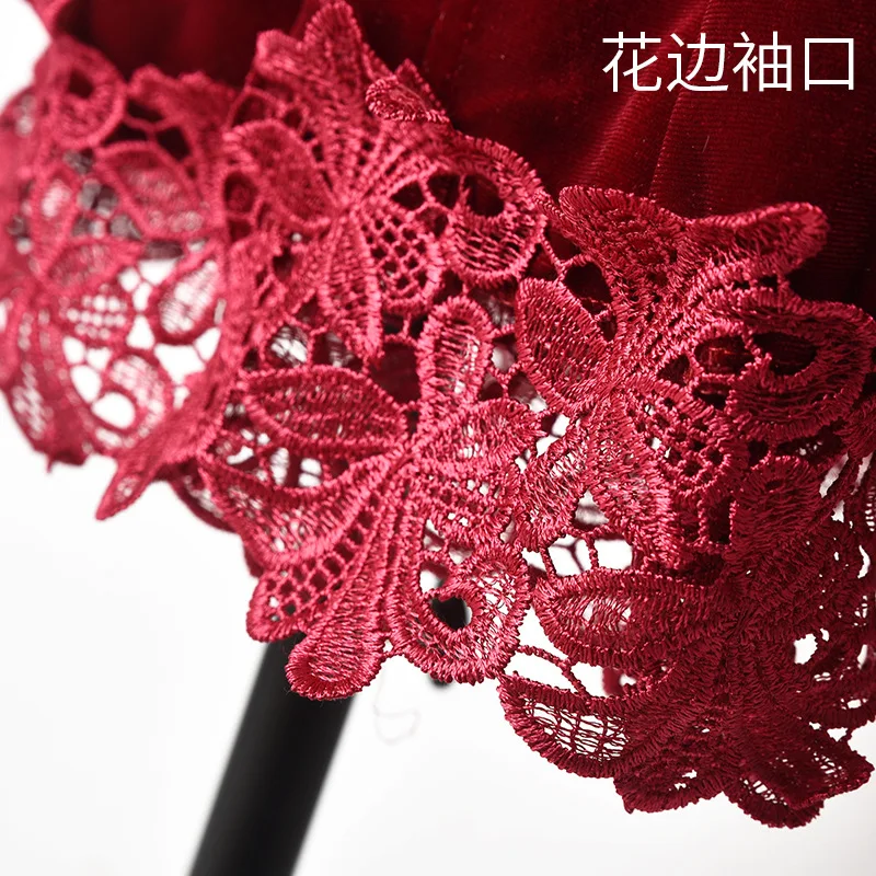 

Sleepwear Velvet Burgundy Brides' Morning Robe Set Women Kimono Bathrobe Lace Trim Wedding Gowns Sexy Autumn Winter Nightwear