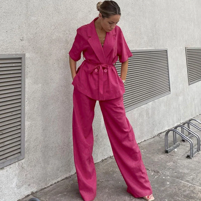 

2021 Fall New Products Ladies Suit Commuter Red Suit Lace Comfortable Simple Fashion Top + Pants Two-piece Women's Clothing WF52