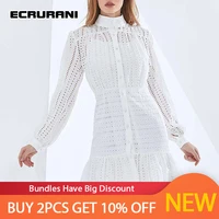 ecrurani cut out elegant solid color vented summer dress for women long lantern sleeve gathered waist slim fit 2021 maxi dress