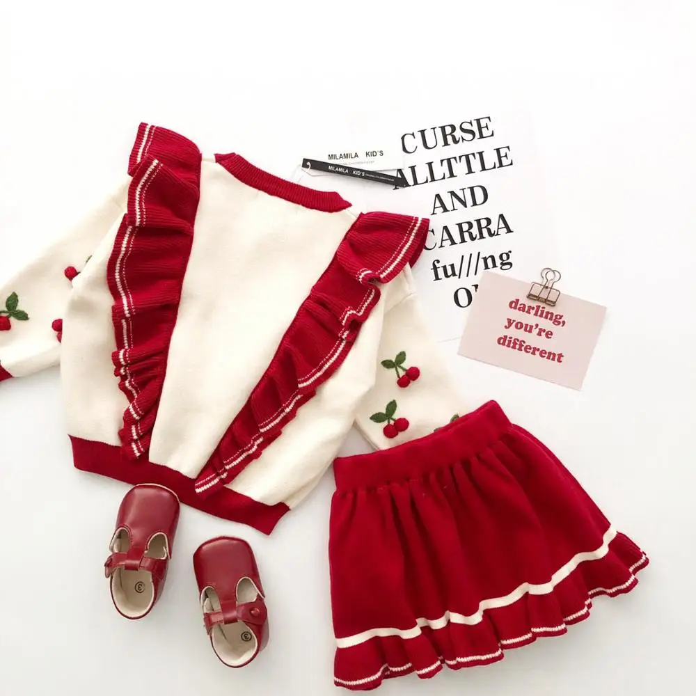 

2020 Autumn new girls set toddler clothes knitted clothing set cherry pattern baby girl winter clothes size 90-140