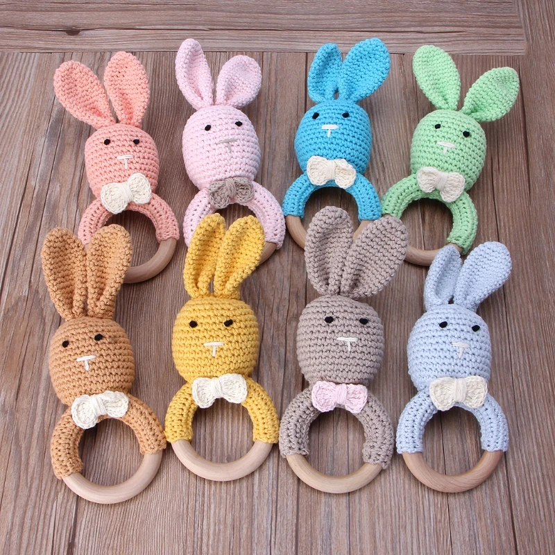 

Baby Bunny Ear Teether Wooden Teething Ring Newborn Sensory Toy Shower Gift J2HD