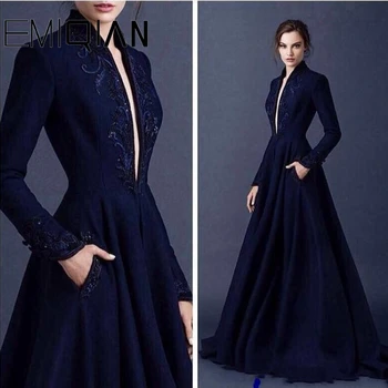 Navy Blue Muslim Evening Dress A-line Long Sleeves Beaded Islamic Dubai Saudi Arabic Long Evening Gown with Plunging V Neck
