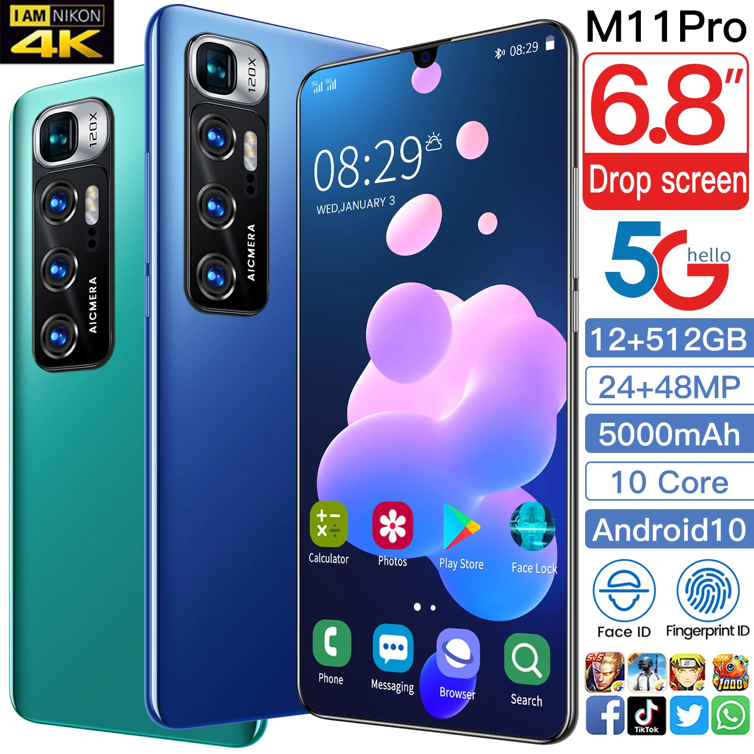 

Global M11 Pro 6.8Inch 10 Core 24MP+48MP 5000MAH 12GB+512GB Android 10.0 5G Face Finger ID Smartphone Telephone