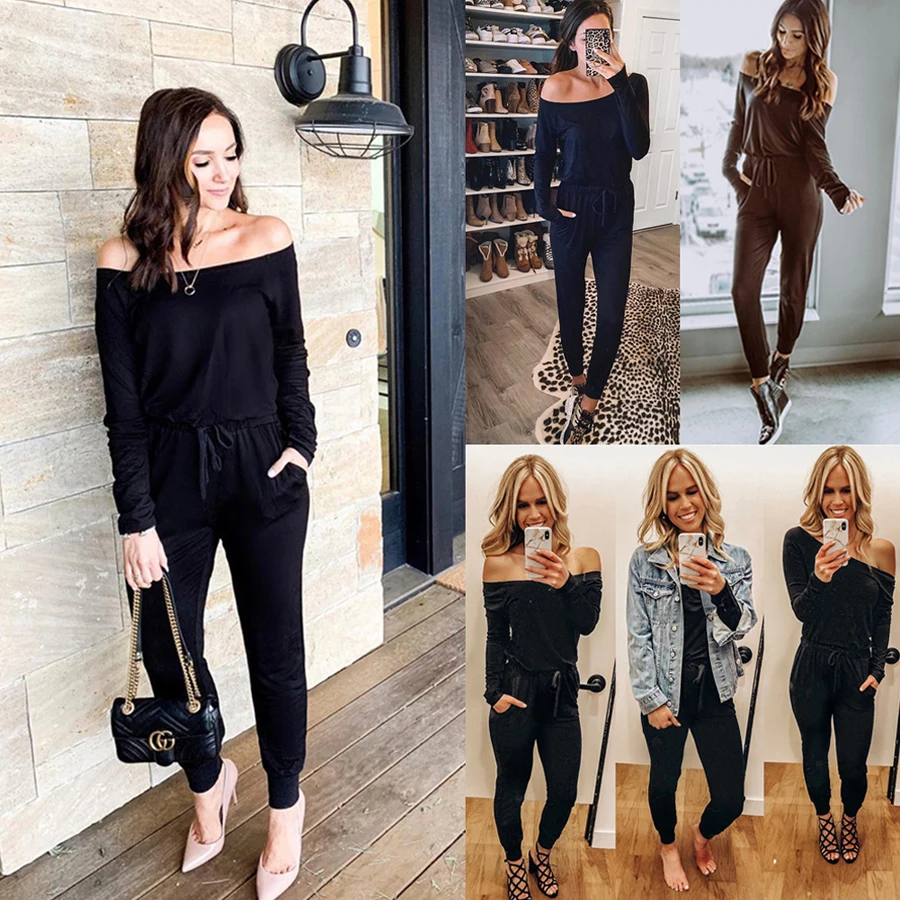 Женский Длинный комбинезон с открытыми плечами сексуальный черный пляжный