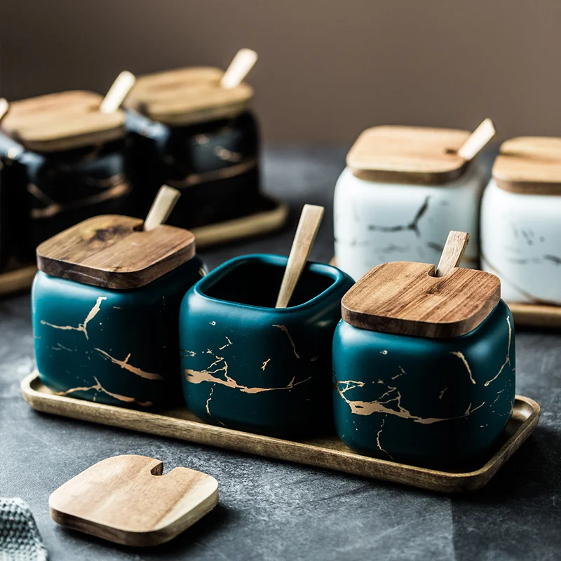 

Ceramic Condiment Storage Jar Household Seasoning Pot WoodenTray Spice Jar Soy Sauce Box Kitchen Matte Marbled Salt Sugar Cans