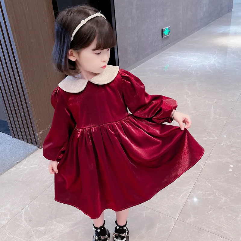 

Girls Velour Dress 2021 Winter Autumn Girl Red Velvet Dresses With Collar Children Clothing 2022 New Year Christmas Baby Outfit