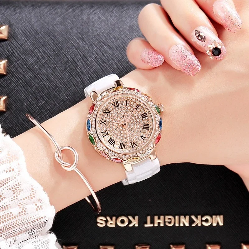 

The new ceramic strap ladies fashion, durable, light luxury, colorful full diamond personalized watch