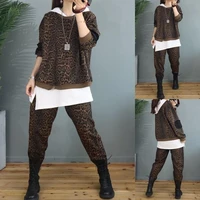 fashion leopard print two piece casual sportswear female 2021 spring new loose cotton round neck western suit trend