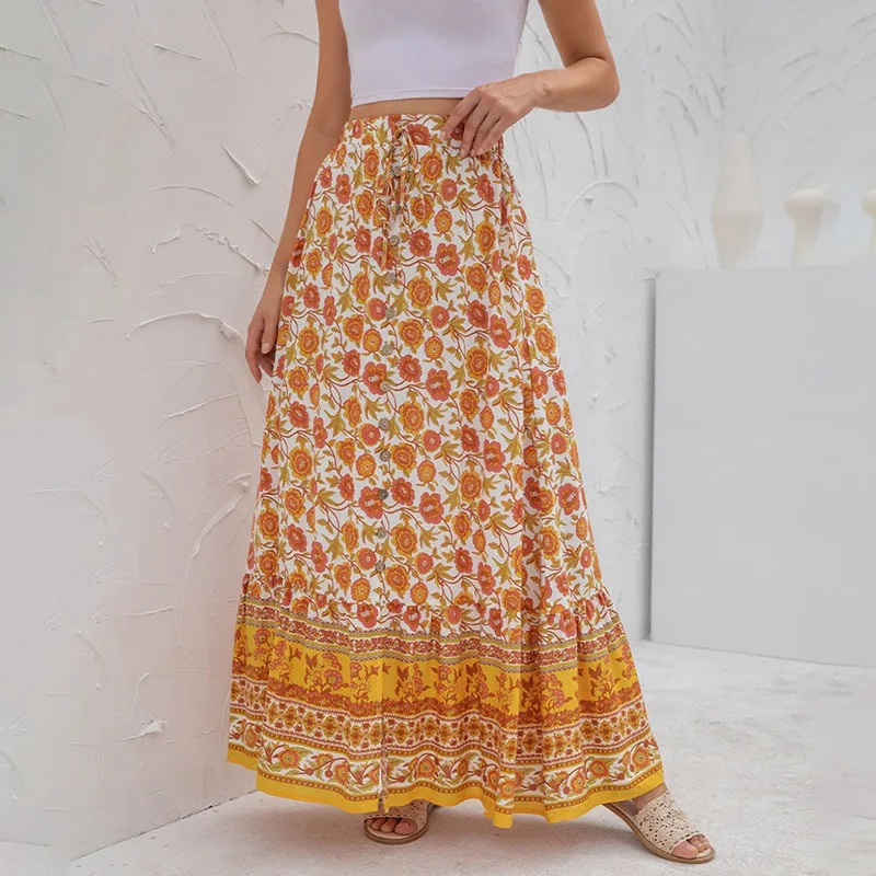 

Women's Floral High Waist Boots Autumn Beach Skirt Button Half Skirt