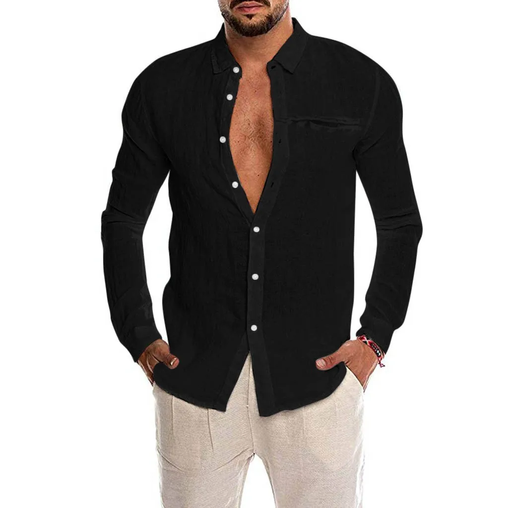 Черный Осенняя Новая модная мужская Свободная хлопковая смесь сплошного цвета с кнопками и карманами, рубашка с длинными рукавами, топы, блузка - Цвет: Черный