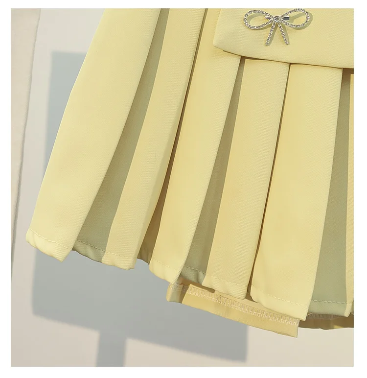 

High Quality 2021 Summer Elegant 2 Piece Set Women Bow Notched Blazers Coat + High Waist Pleated Mini Skirt Suits Plus Size