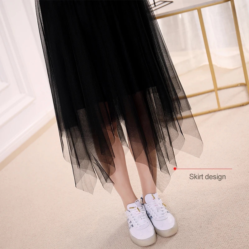 

Summer new irregular mesh skirt sexy lady black high waist A word fairy tulle skirt slim pleated dating prom bag hip skirt