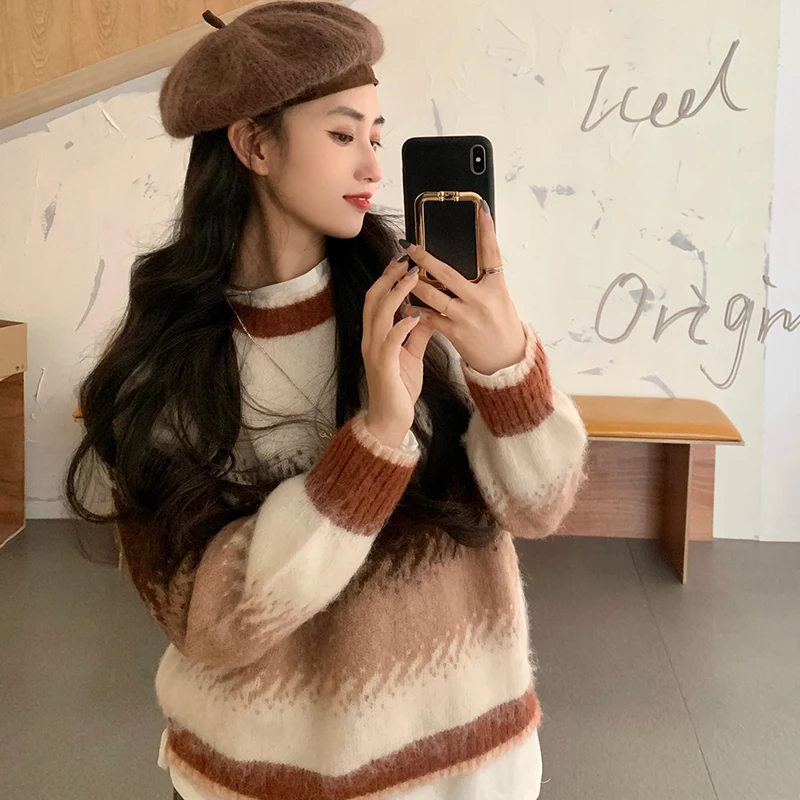 

2 colors 2021 korean style loose Patchwork knitted warm sweaters womens sweaters and pullovers (C9940