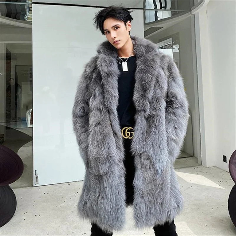 Lamb fur leather coat men's faux fox fur trench coats mid-length thicken casual clothes blue grey шуба из искусственного fashion