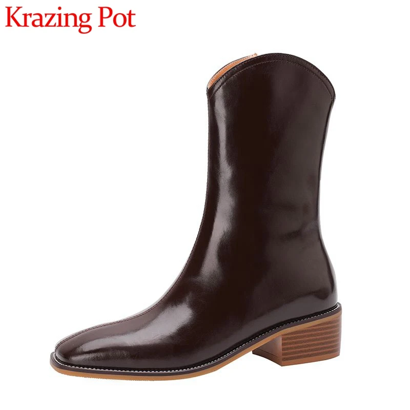 

Krazing Pot cow split leather winter western boots square toe European thick med heel beauty lady comfortable mid-calf boots l52