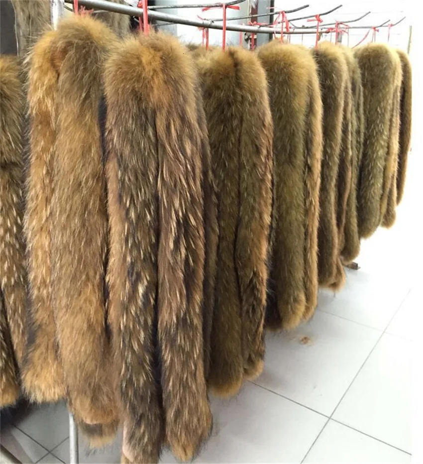 Кожаный меховой воротник, настоящий шарф из меха енота, 70 см, меховая отделка, пуховик, меховая полоска/с капюшоном, Воротник из енота, L9