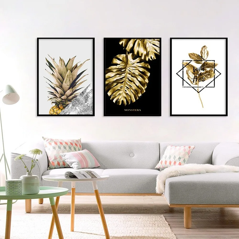 

Golden Leaf Pineapple Canvas Painting English Letter Waterproof Posters Wall Pictures For Living Room Cuadros Decoracion Salon