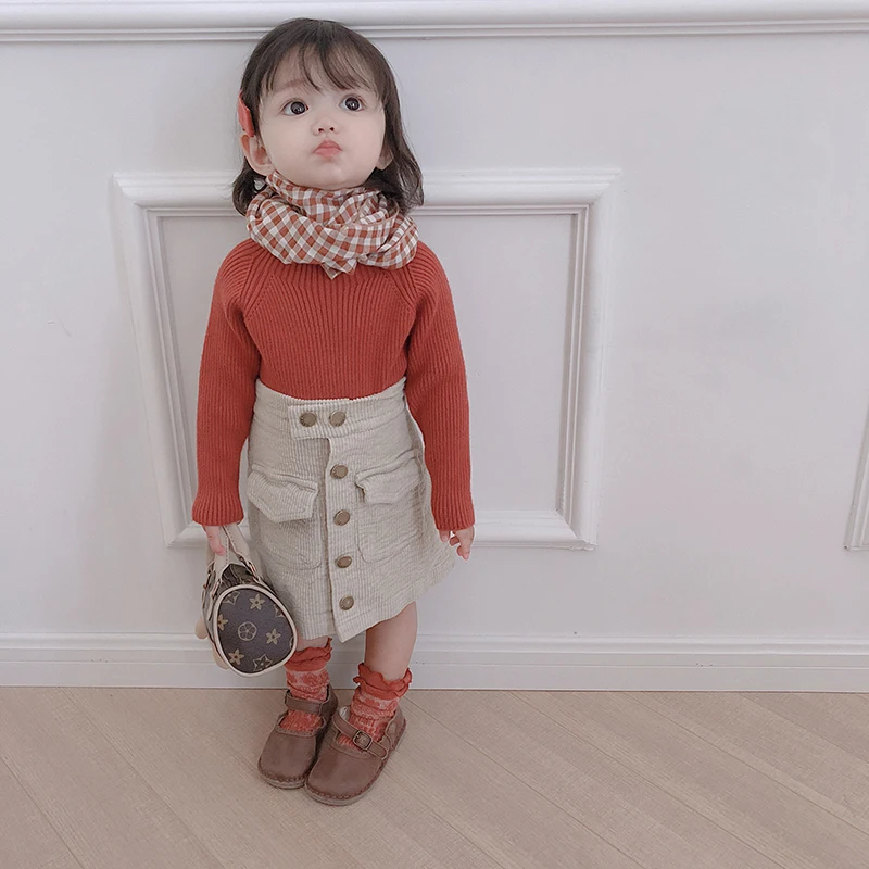 red Новинка; осенний вязаный свитер для девочек; простой джемпер с длинными рукавами для маленьких детей; детская одежда в Корейском стиле - Цвет: red