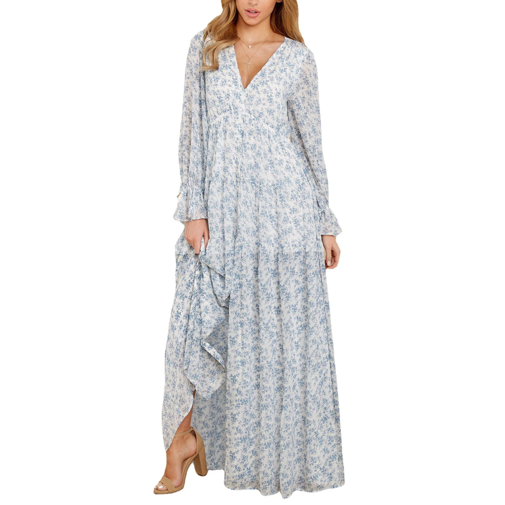 

Women Dress Shivering Print Fashion Sexy V-Neck Drape Front Slit Large Hem Design Cardigan Long Dress Spring and Autumn vestido