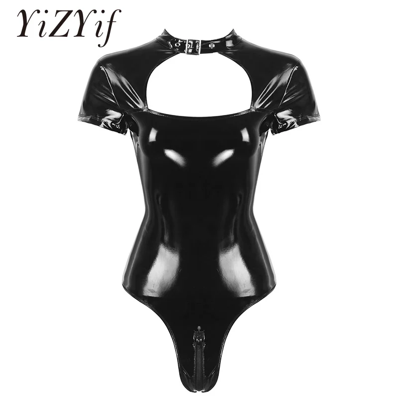 

Womens Wet Look Patent Leather Sexy Lingerie Adjustable Collar Neck Short Sleeves Double-ended Zipper Leotard Bodysuit Nightwear