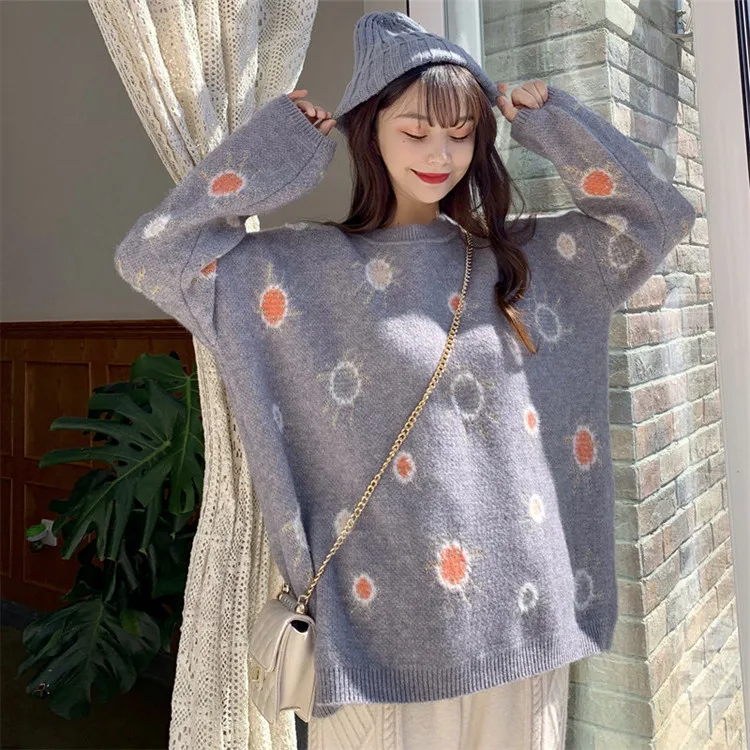 

2021 Japanese Style Sweater Women Loose Autumn And Winter New Thickened Lazy Round Neck Embroidered Knitted Top
