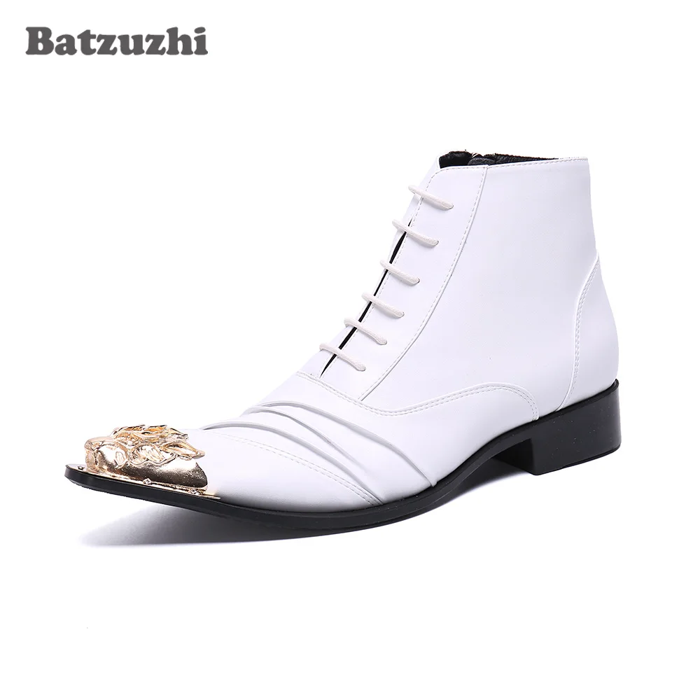 

Batzuzhi Lace-up White Wedding Dress Boots Fashion Men Boots Gold Iron Toe Genuine Leather Ankle Boots Business botas hombre, 12
