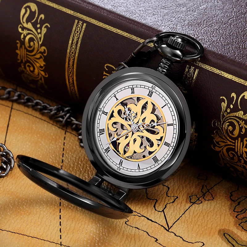 Retro Hollow Skeleton Automatic Mechanical Pocket Watch Mens Fob Chain Steel Exquisite Sculpture Women Pocket