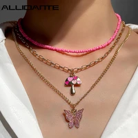 multilayered pink butterfly crystal charm beaded necklace for women hip hop chain choker y2k boho necklace set party jewelry new
