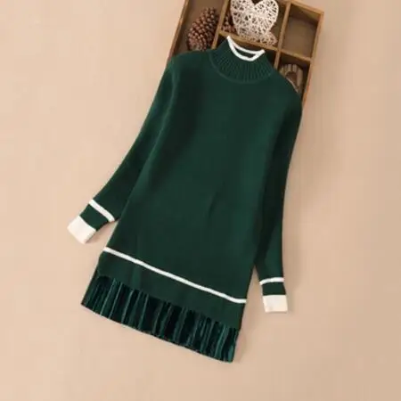 Dark green Платье-свитер для девочек-подростков коллекция года, осенне-зимние платья с длинными рукавами для девочек детский пуловер для девочек, вязаная одежда для детей возрастом 5, 6, 10, 12 лет - Цвет: Dark green