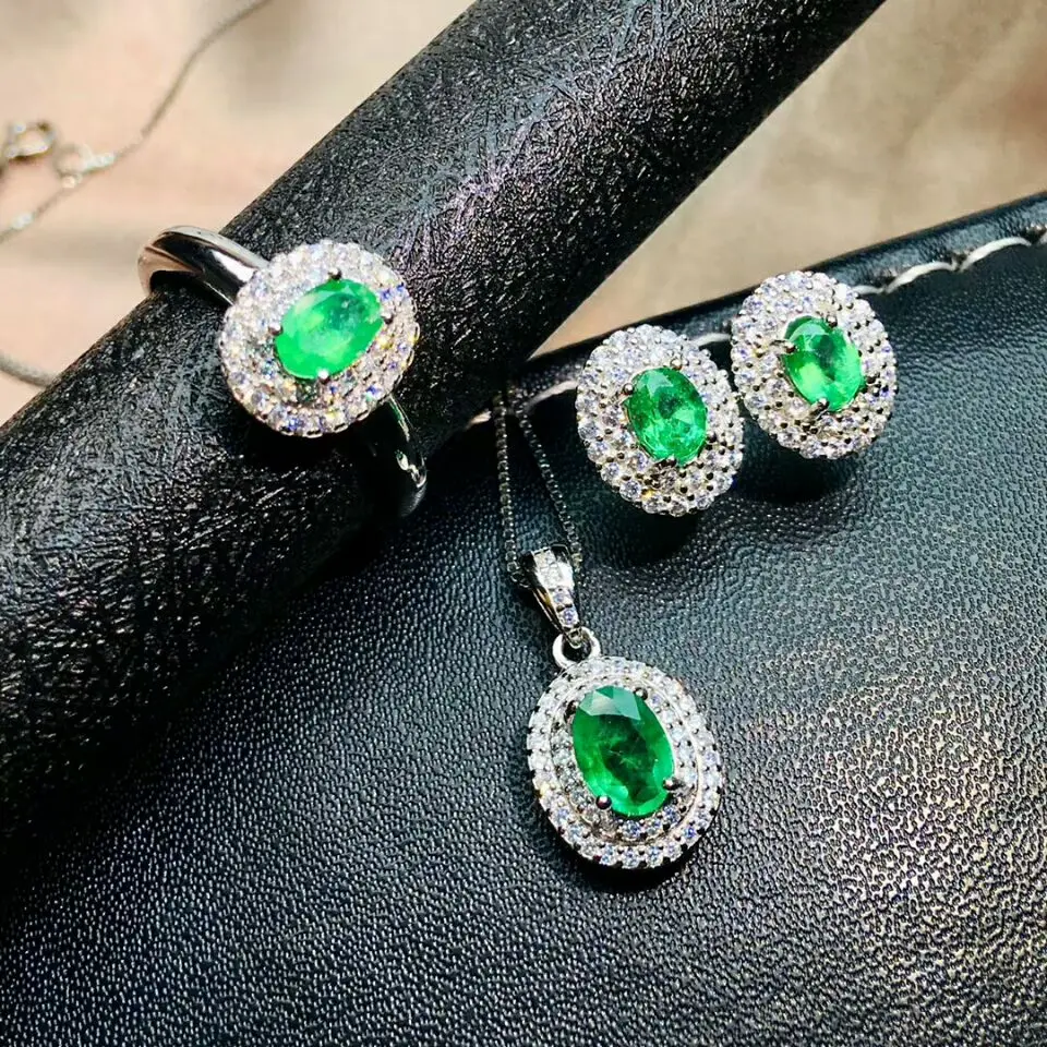 

MEIBAPJ Роскошный натуральный Изумрудный камень, ювелирный набор из настоящего серебра 925 пробы с зеленым камнем, свадебные украшения для женщ...