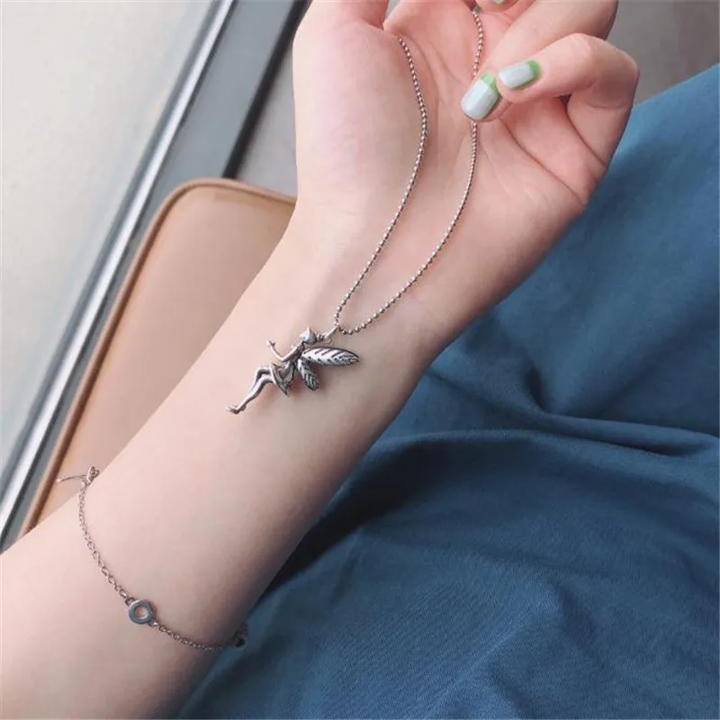 POFUNUO Women Luxury Vintage 925 Sterling Silver Necklace Angel Fairy Pendant Beads Link Chain Lovers Fine Jewelry Gift | Украшения и