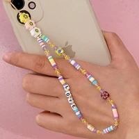 shinus phone chain lanyard beads mobile phone heishi disc crystal beaded cell phone chains 2021 love letter string wristband