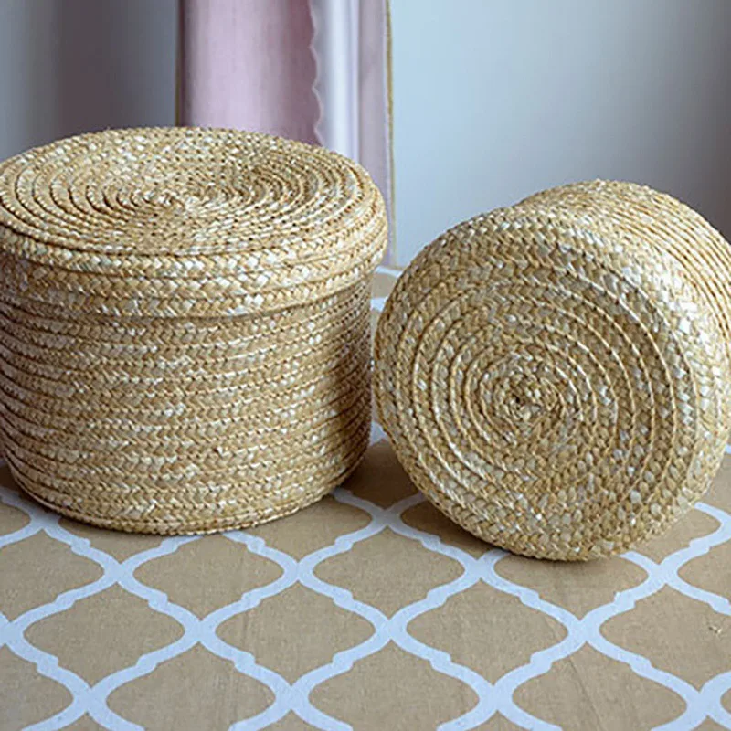 

Handmade Straw Woven Snack Storage Box Desktop Storage Basket With Lid Sundries Organizer Rattan Flower Basket New1