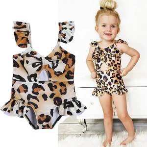 Little Girl's Leopard Print Jumpsuit O-neck Sleeveless Hollowing Out Short Pants One-piece Swimsuit with Bow 6 Months to 4 Years