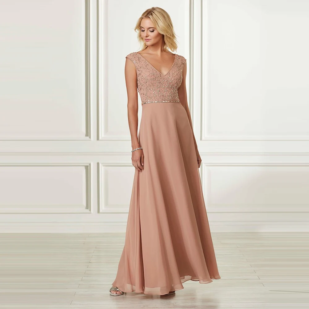 

Simple Mother Of The Bride Wedding Dresses Plus Size V Neck With Sequined Zipper Back Chiffon Woman Dress Bridal Gown Vestidos