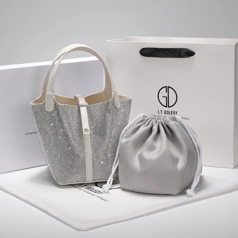

Luxury Brand Rhinestone Ladies Bucket Bag 2021 New Fashion Leather Large Capacity Diamond Shoulder Messenger Bag Handbag Gg Cc