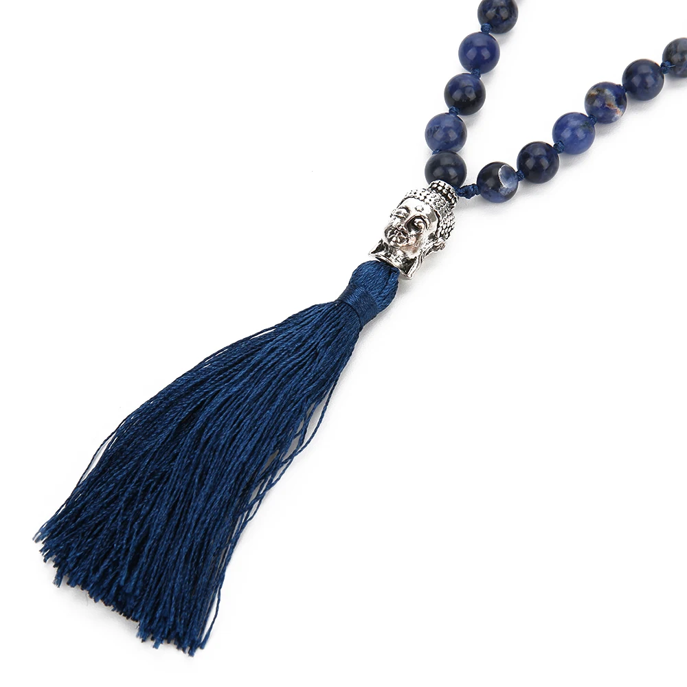 108 Mala Beaded Knotted Semi-Precious Stone Jewelry Meditation Declaration Prayer Big Buddha Head Tassel Pendant Long Necklace | Украшения