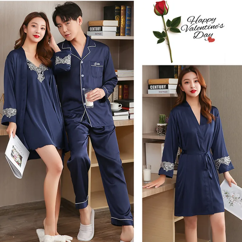 Housecoat  Couple Silk Pajamas Set Men Male Autumn Sleepwears Pyjama 2PCS Home Clothes Pijamas Para Parejas Shirt Trousers Pants