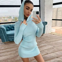 autumn women knitted dress fashion hooded elastic slim white casual knit chic bodycon sweater dress 2021 hooded dress vestidos