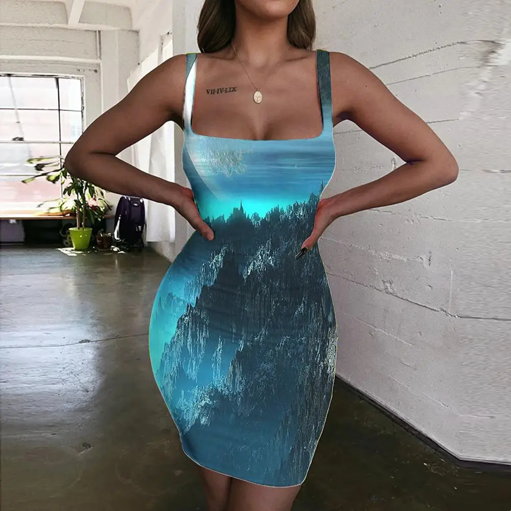 

KYKU Brand Landscape Dresses Women Forest Vestido Sexy Blue Bodycon Dress Harajuku 3d Print Womens Clothing Party Short Boho