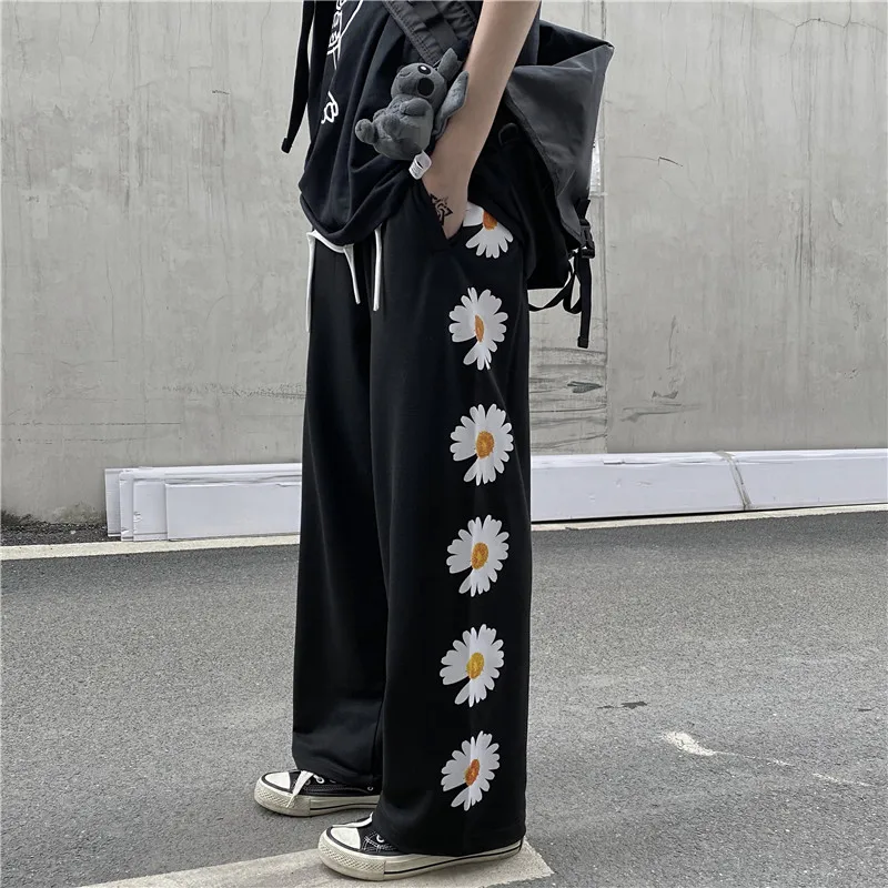 

high Capris ulzzang floral elastic waist black ins casual style full length loose Women's Clothing straight pants Female spring