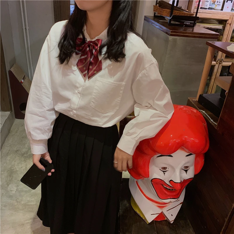 

COIGARSAM Preppy Style Full Sleeve Womens tops Pleated Bow Women shirts Shirt Dress Code 109691096