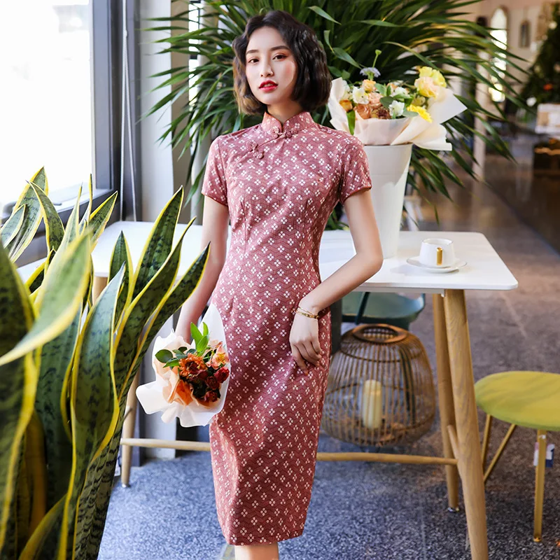 Женское вечернее Платье До Колена Ципао с коротким рукавом и воротником мандарин