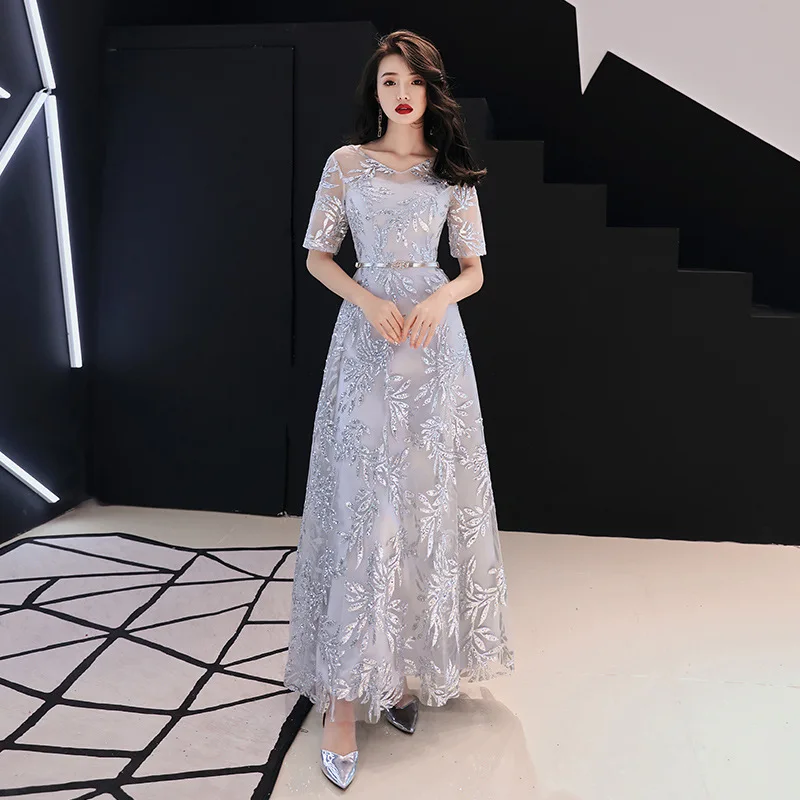 

Evening Dresses Skyyue K225 Elegant Sparkling Sequins Formal Gowns V-Neck Half Sleeve Vestido Sliver Gray Long Prom Dress