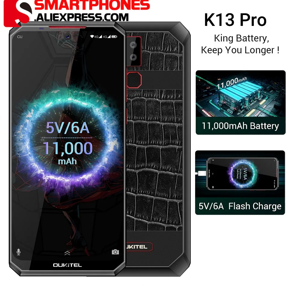 OUKITEL K13 Pro Android 9,0 6,41 дюймов 19,5: 9 4GB 64GB 720*1560 смартфон 11000 мАч отпечатков пальцев 5 V/6A ОТА мобильного телефона