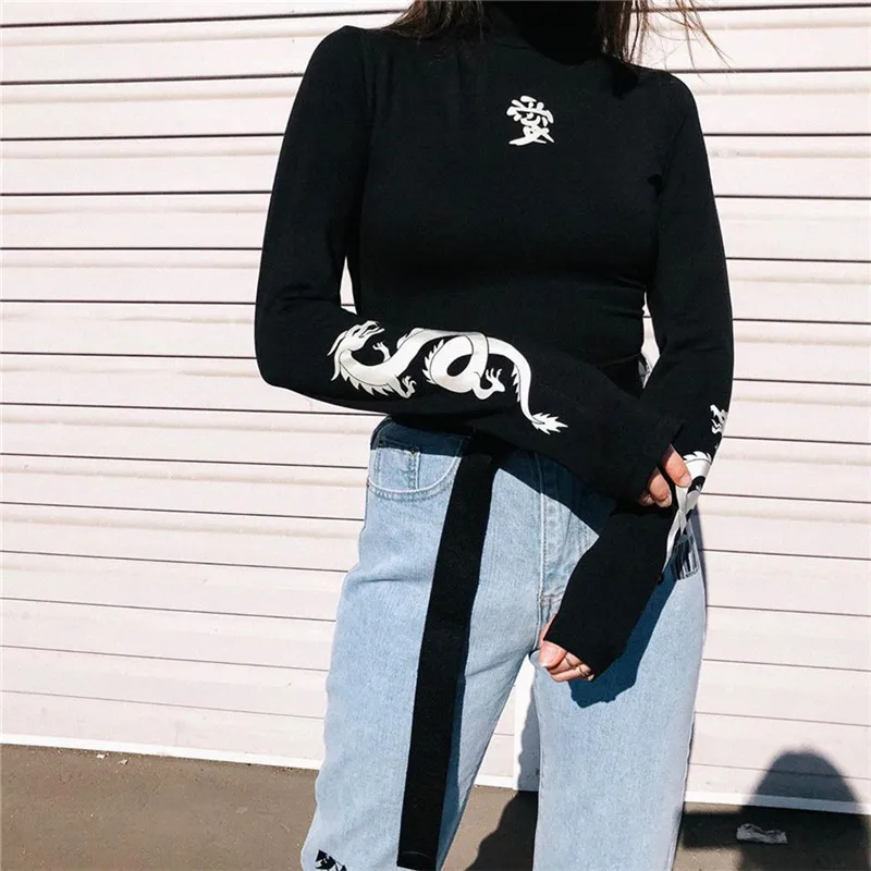 

JESSIC 2020 Streetwear Long-sleeved Basic Top Chinese Style Element Dragon Reflective Printing Stretch T-shirt Women