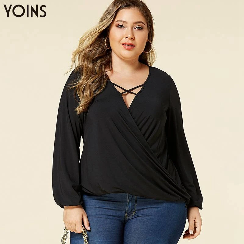 YOINS 2020 осенне зимняя однотонная блуза с длинным рукавом перекрестная спереди